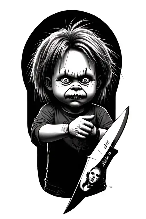 chucky from rugrats looking scared holding a knife with chucky's face on the knife tattoo design idea