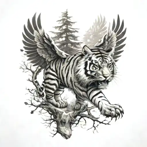 A tiger with an eagle soaring over the trees  tattoo design idea