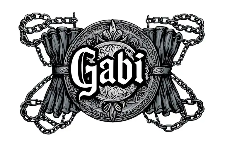 Garter: wide around the leg. In the middle a medallion with the inscription Gabi. Men's tattoo, chains tattoo design idea