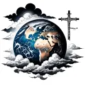 I want a earth at the bottom with a cross on top of it clouds all the piece and Philippians 4:13 bold in black at the to tattoo design idea