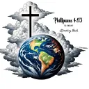 I want a earth at the bottom with a cross on top of it clouds all the piece and Philippians 4:13 bold in black at the to tattoo design idea