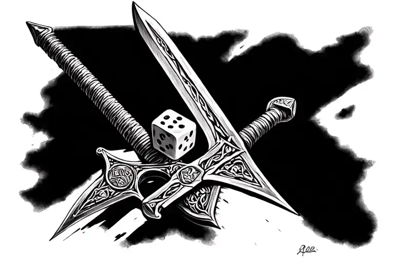 dnd dice and sword tattoo design idea