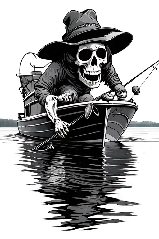 skeleton fishing for walleye from a boat tattoo design idea