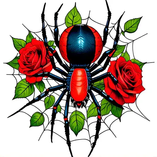 realistic Redback spider on web  with roses tattoo design idea