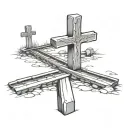railroad track  spliting left with cross and right with gravestone  tattoo design idea