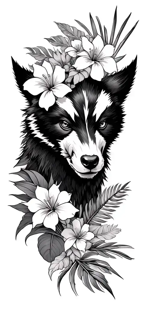 Hawaiian flowers and a Wolverine  animal tattoo design idea