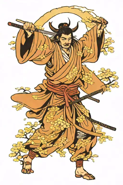 samurai warrior,Sakura, moon, japan temple tattoo design idea
