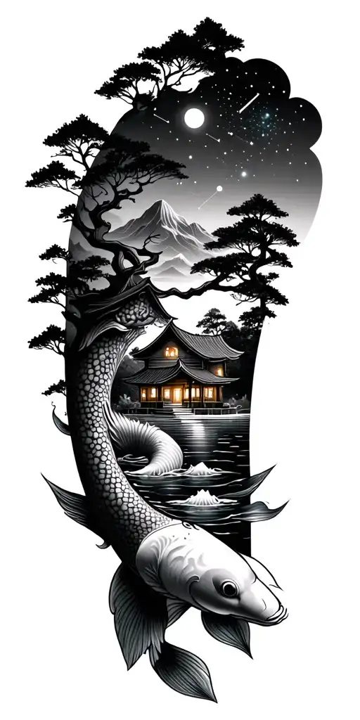 Buddhist tattoo. water and koi on wrist, trees and nature with small home in middle, constellation and space on top tattoo design idea