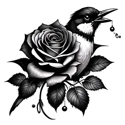 rose and bird and fishing sitting together tattoo design idea