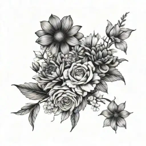 Daisy,sweet pea, rose, honeysuckle, larkspur, water lily, marigold, cosmos in a bouquet tattoo design idea