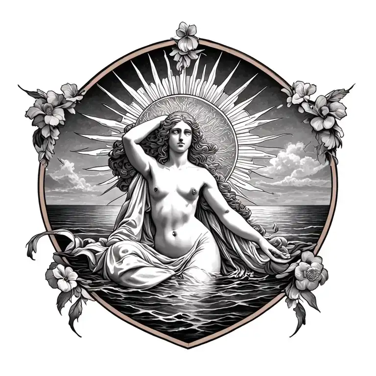 Birth Of Venus full body, in front of a fine line sun tattoo design idea