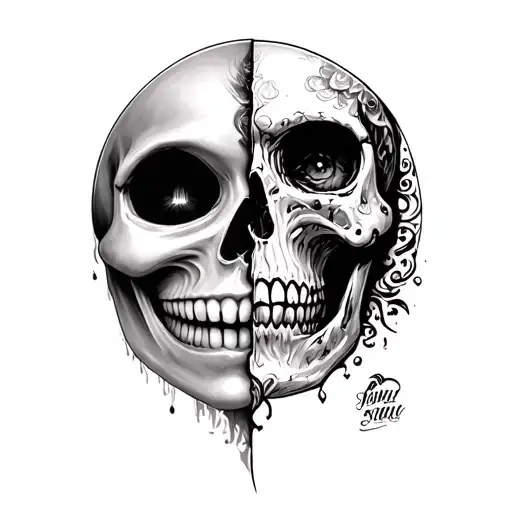 Split face. Half smiley face and half skull. Momento Mori tattoo design idea