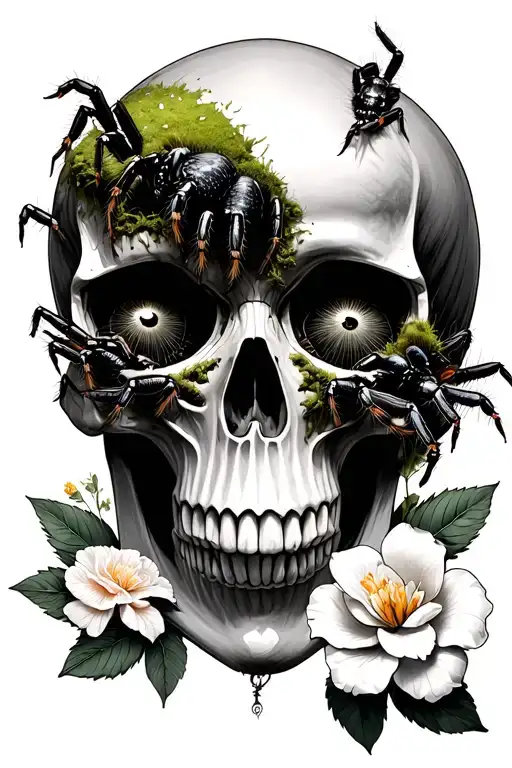 2 tarantulas crawling out of the eyes of skull with moss growing on it and a Gardenia on and Carnation on the left tattoo design idea