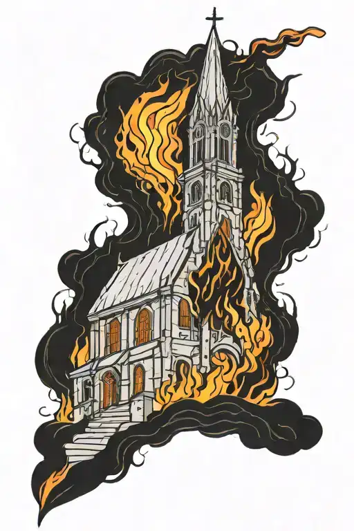 gothic church on fire in hell color tattoo design idea