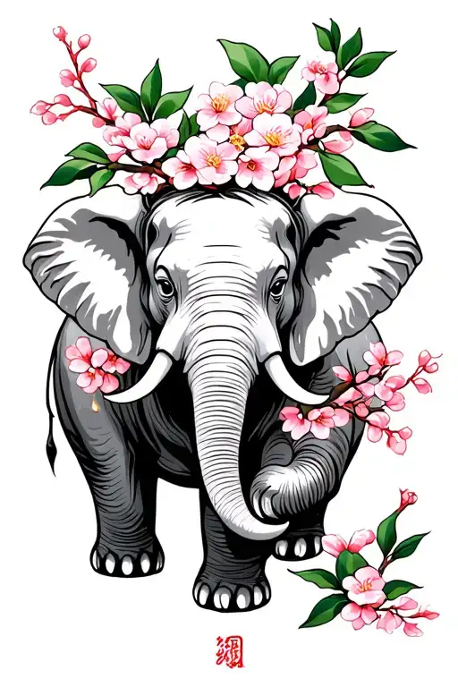 japanese temple elephant cherry blossom tattoo design idea