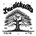 tree with a heart in the middle and the initials tj at the bottom the date 9/12/78 at the top and the date 4/7/23 at tattoo design idea