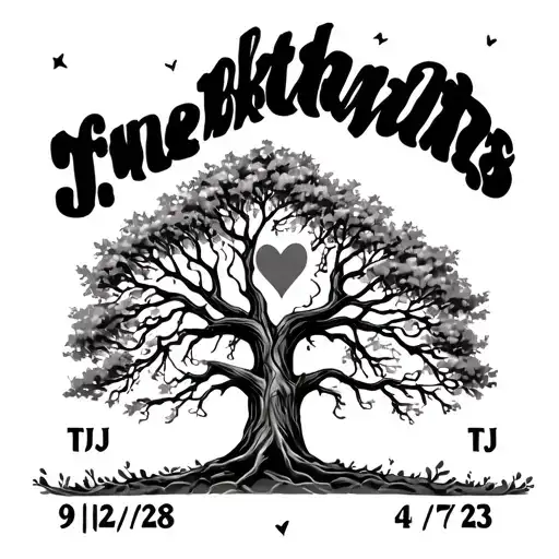 tree with a heart in the middle and the initials tj at the bottom the date 9/12/78 at the top and the date 4/7/23 at tattoo design idea