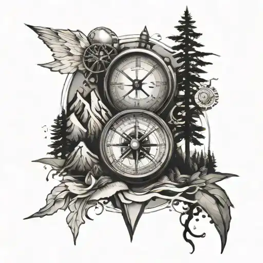 compass clock mountains overlay tattoo design idea