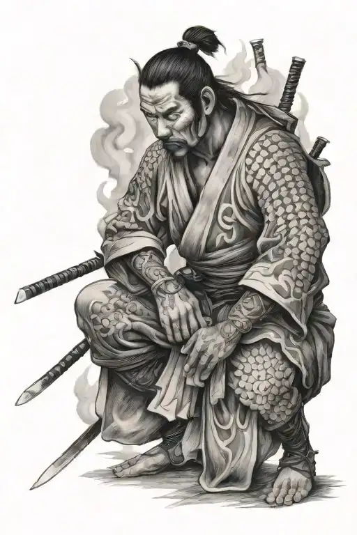 A samurai on his knees as his Japanese village is burning behind him tattoo design idea