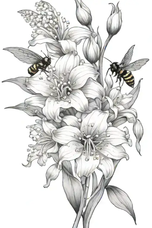 lily of the valley gladiolus lotus flowers blooming with bumblebee flying towards living tattoo design idea