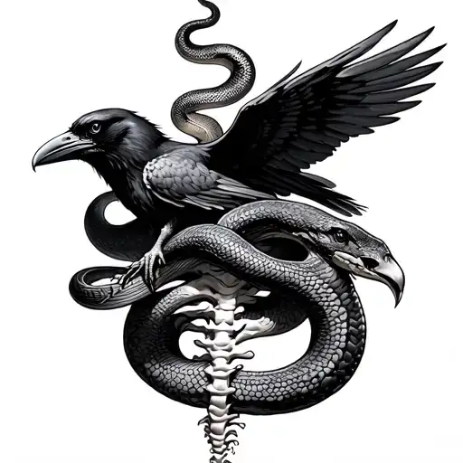 spine tattoo with a raven facing up wings spread and a snake slithering up the spine on top of the raven tattoo design idea