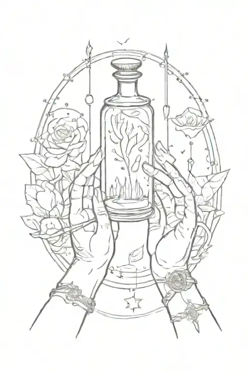 Create a tattoo of a pair of hands over a tarot spread with crystals, candles and a potion bottle tattoo design idea