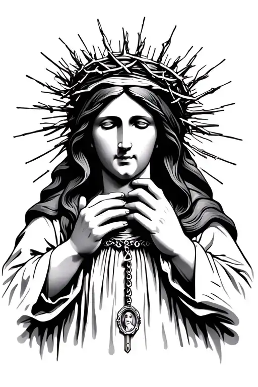 Virgin marys hands holding with crown of thorns as the rosary  tattoo design idea