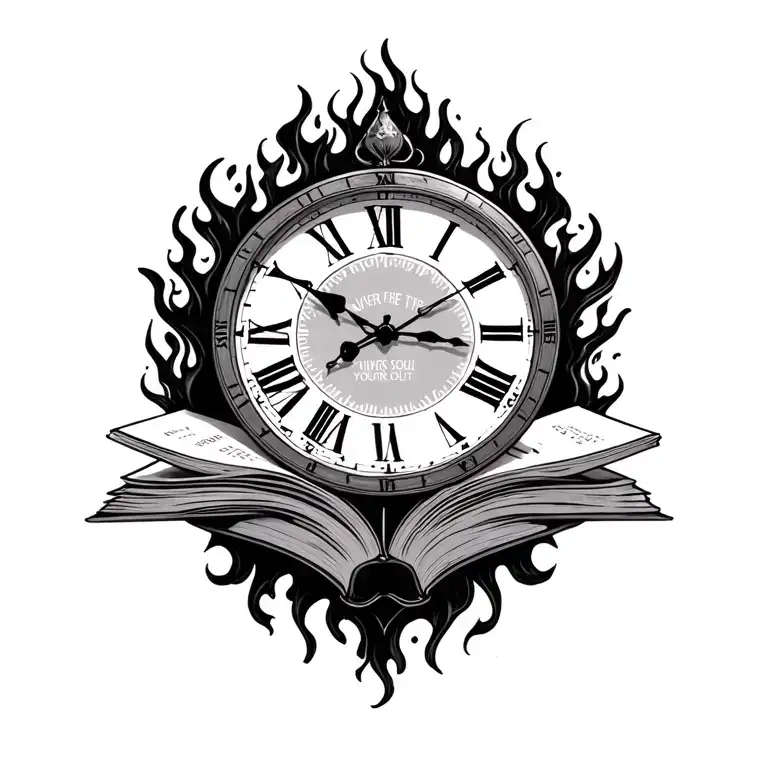 book and clock face 11:11 with never let the fire that lives in your soul burn out tattoo design idea