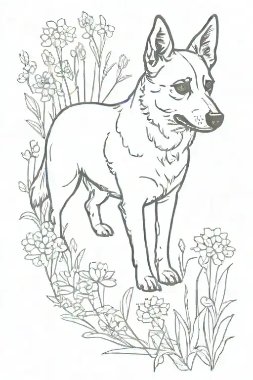 minimalist tattoo of a blue heeler in a field of wildflowers  tattoo design idea