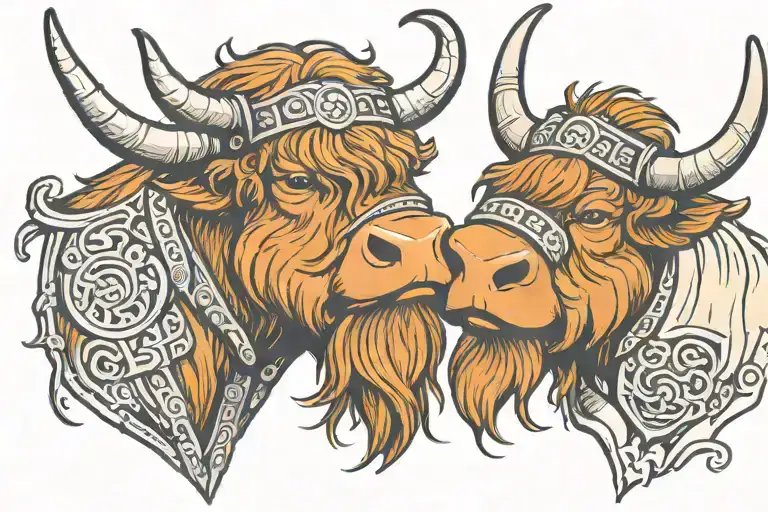 two highland cows with their noses touching like a kiss. one cow is wearing a viking helmet, the other cow has a shield tattoo design idea