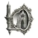 gothic architecture in a vintage picture frame tattoo design idea