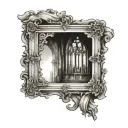 gothic architecture in a vintage picture frame tattoo design idea