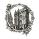 gothic architecture in a vintage picture frame tattoo design idea