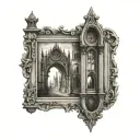gothic architecture in a vintage picture frame tattoo design idea