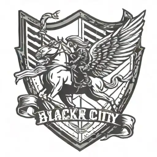black Rock city text, unicorn ranger Shield badge incorporated tattoo design idea