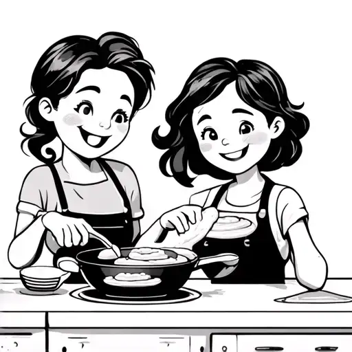  Image Description:Two smiling friends in a cozy kitchen, one pouring pancake batter into a frying pan tattoo design idea