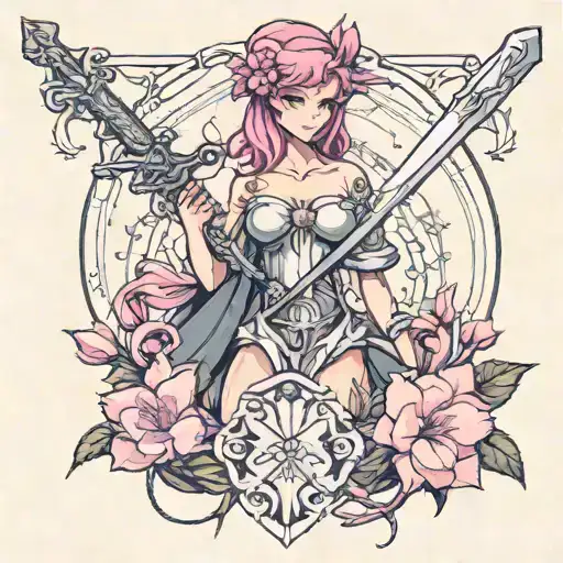 Themis, who holds a sword with the point down at her chest, and where the sword is, there is a pink hyacinth. tattoo design idea