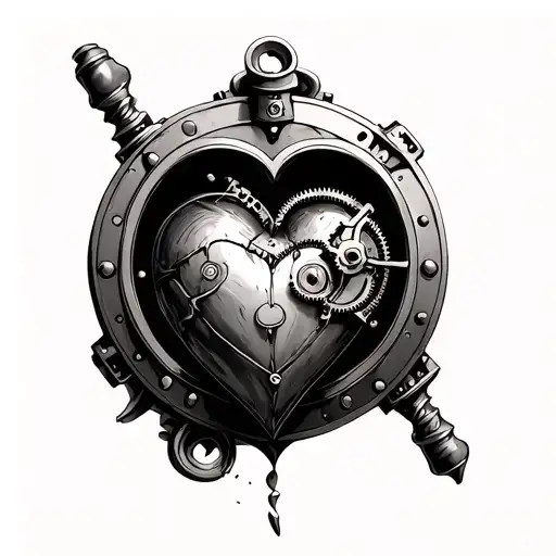 realistic steampunk heart inside a porthole tattoo design idea