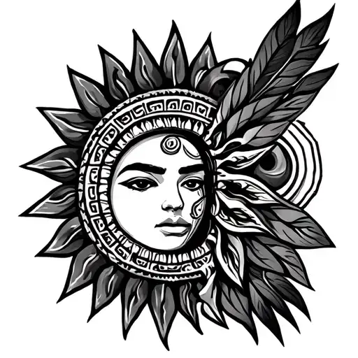 Aztec tribal that goes around sun setting tattoo design idea
