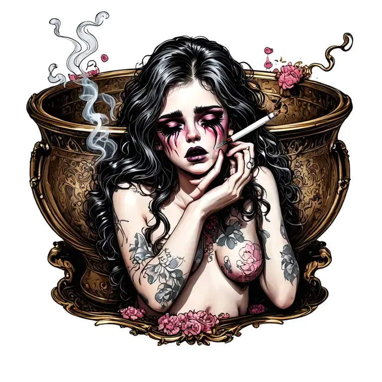 sexy, pale girl crying with mascara on.  wearing little to no clothing, smoking a cigarette. standing in a pudle tattoo design idea