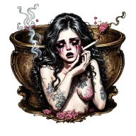sexy, pale girl crying with mascara on.  wearing little to no clothing, smoking a cigarette. standing in a pudle tattoo design idea