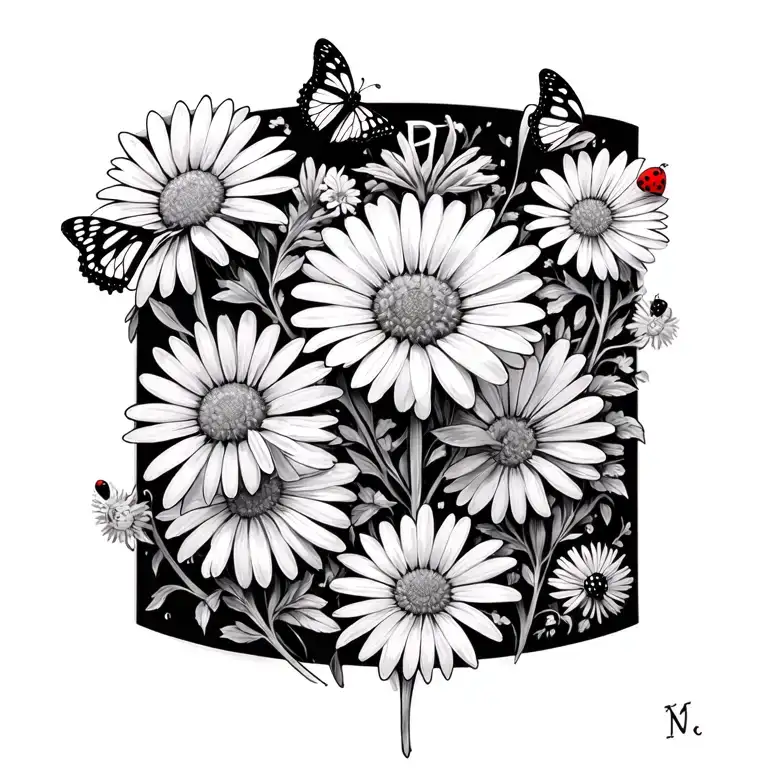daisy chain with trail, dandelion, butterfly, ladybird. initials on the daisy's wrapped around wrist tattoo design idea