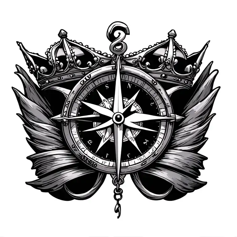 compass with 1 queen's crown hanging tattoo design idea