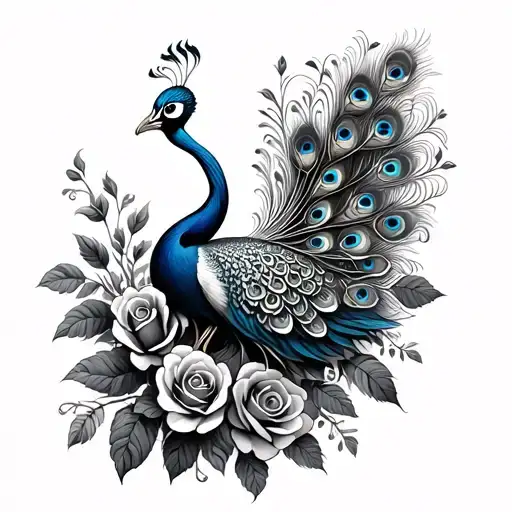 I want there to be a peacock sitting with its feathers relaxed and further down the feathers turn into roses and I want  tattoo design idea