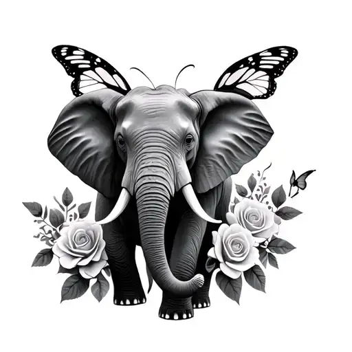 elephants roses and butterflies tattoo design idea