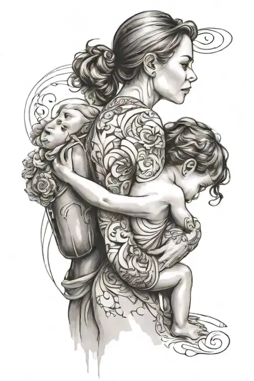 Mother and child being affectionate, with their backs turned  tattoo design idea