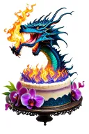 Dragon breathing fire onto a cake with orchids tattoo design idea