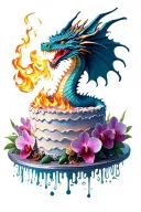 Dragon breathing fire onto a cake with orchids tattoo design idea