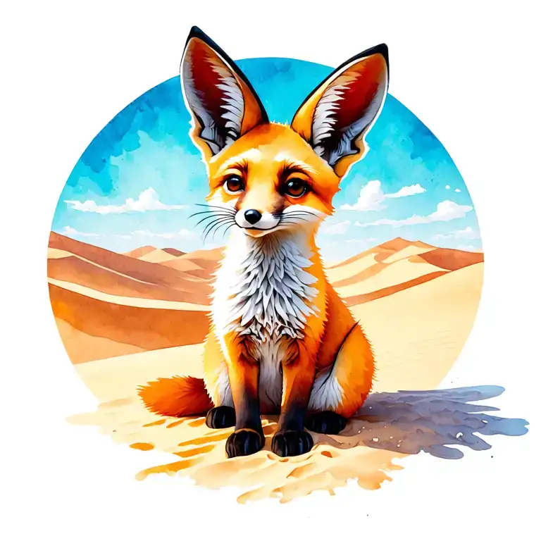 A playful fennec fox in a sunlit desert, glowing sand and big sky. Bold digital style, warm tones, energetic and golden. tattoo design idea