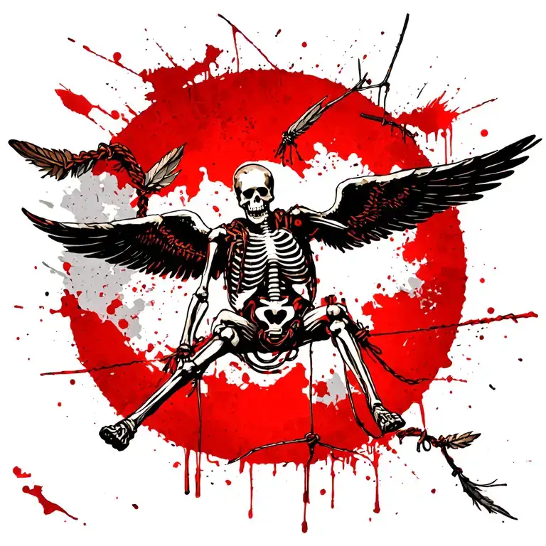 A skeleton Pararescueman gliding, saving guy, with angel wings made of paracord and feathers, representing the sacrifice tattoo design idea